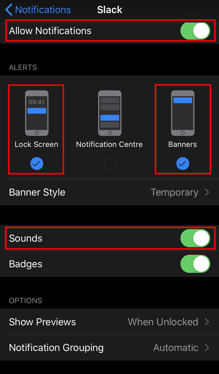 screenshot of iOS notification settings