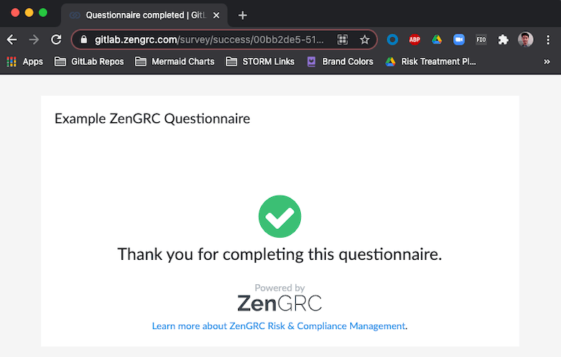 ZenGRC Submitted Questionnaire Confirmation Screen