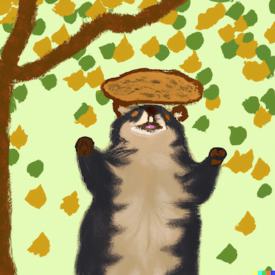 a triumphant tanuki holding bread over its head under a ginkgo tree