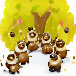 multiple tanuki celebrating a party under a ginkgo tree in cartoon style
