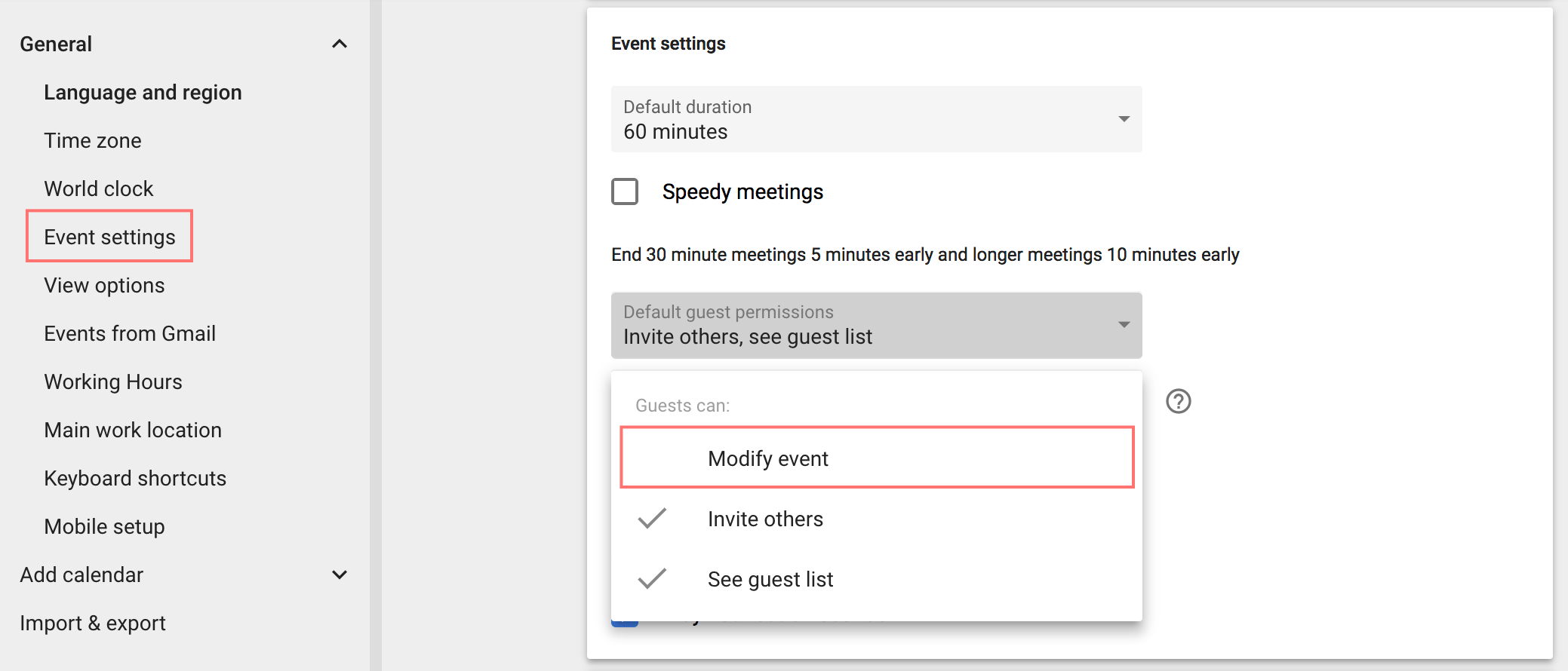 Google Calendar - Guests can modify events setting