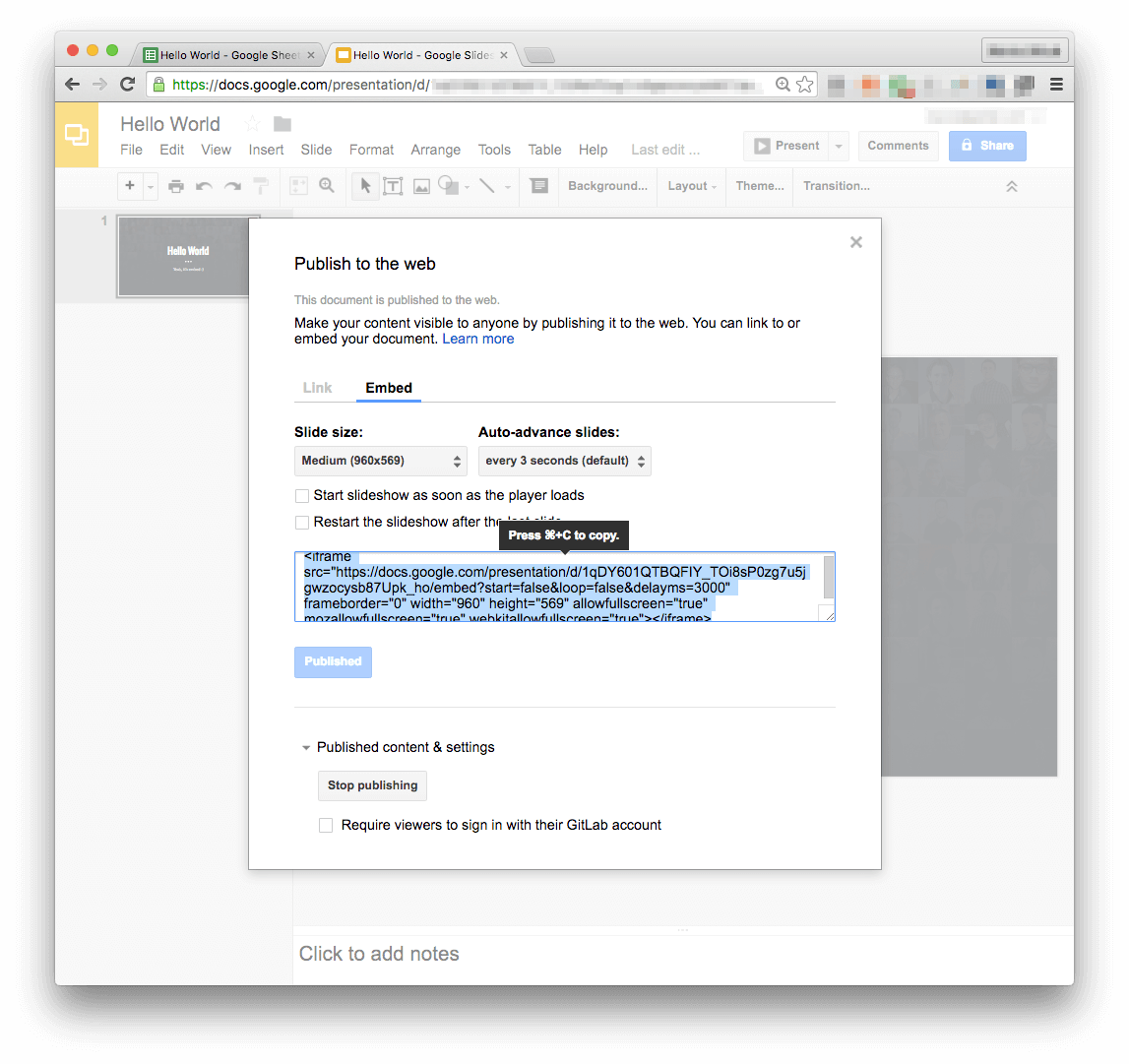 Google Slides - Embed iframe