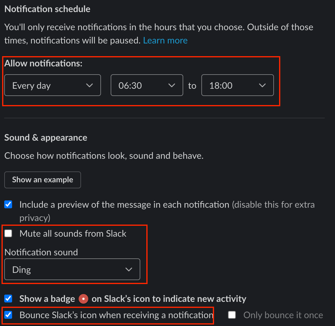 screenshot of slack notification settings