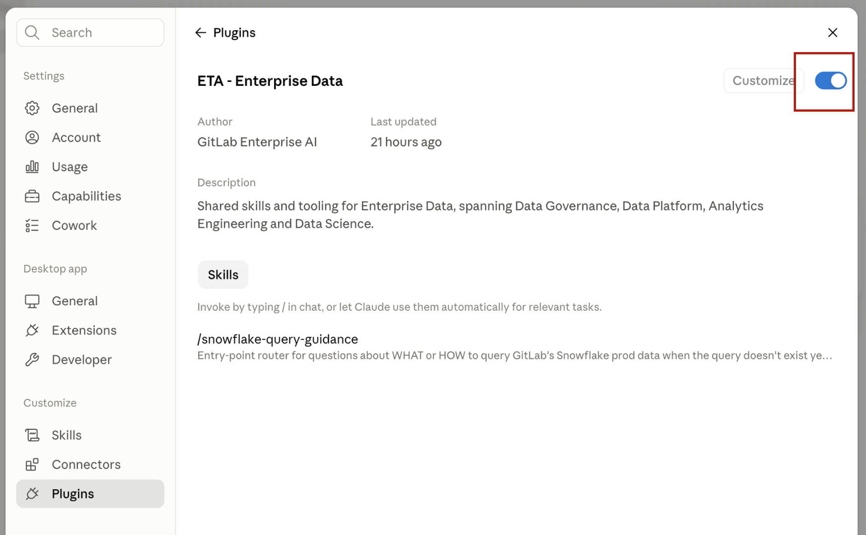 ETA, Enterprise Data plugin enabled with snowflake-query-guidance listed under Skills