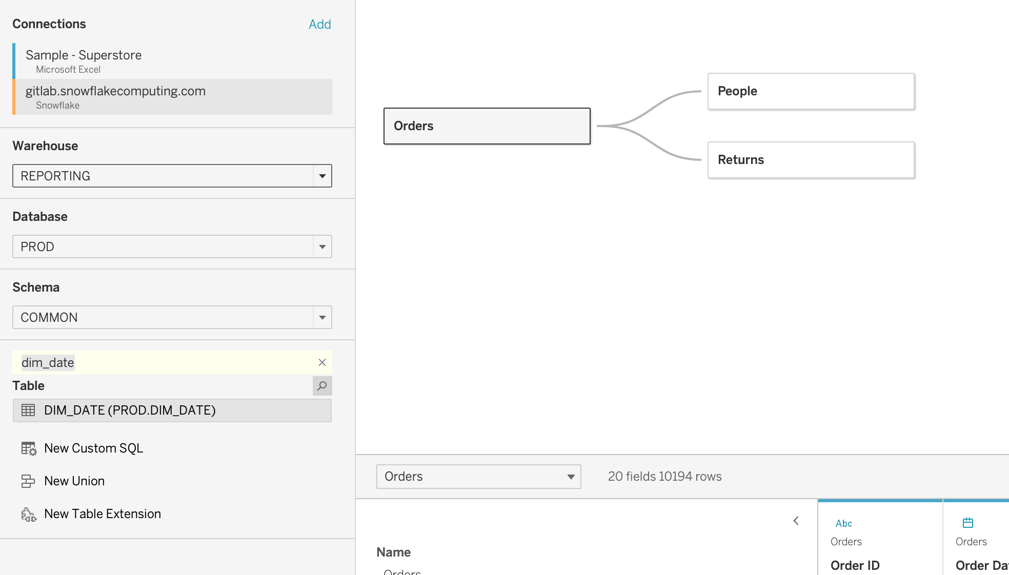 dim_date connection pane