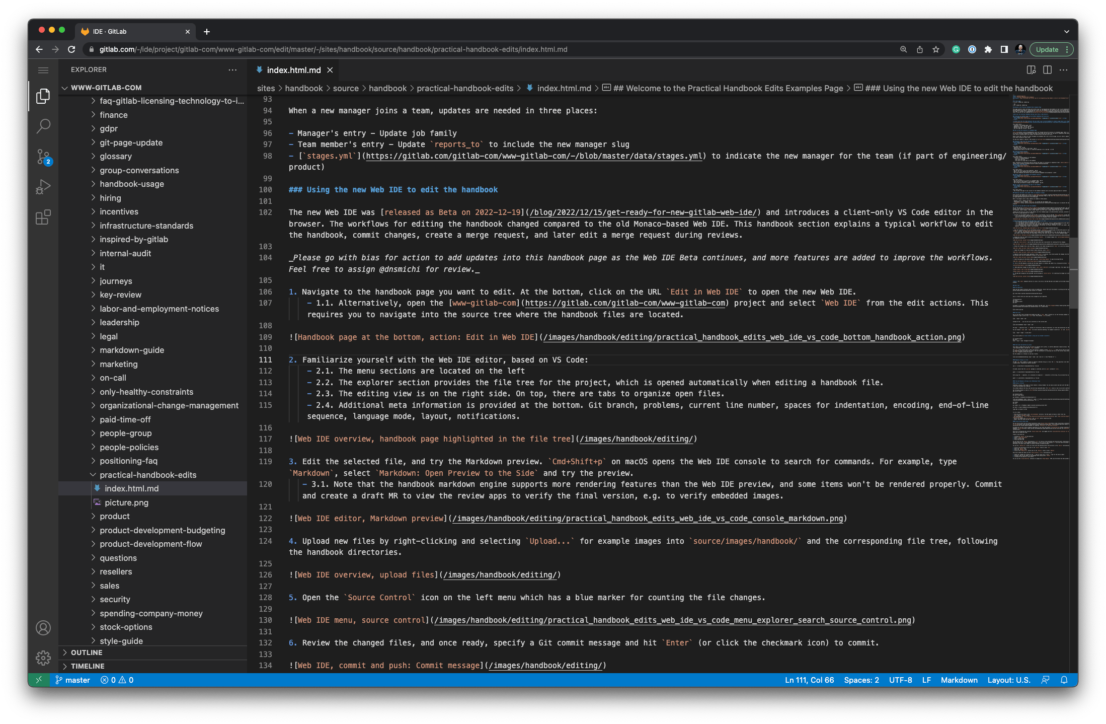 Web IDE overview, handbook page highlighted in the file tree
