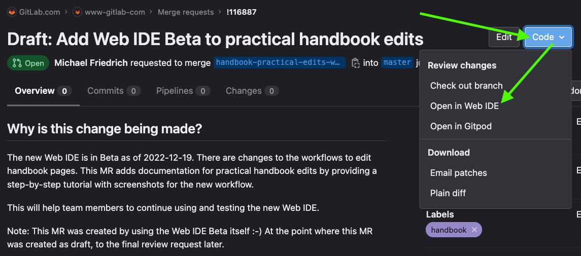Merge request, open in Web IDE