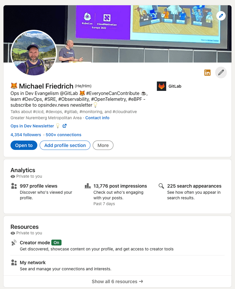 LinkedIn Profile with creator mode enabled: Michael Friedrich