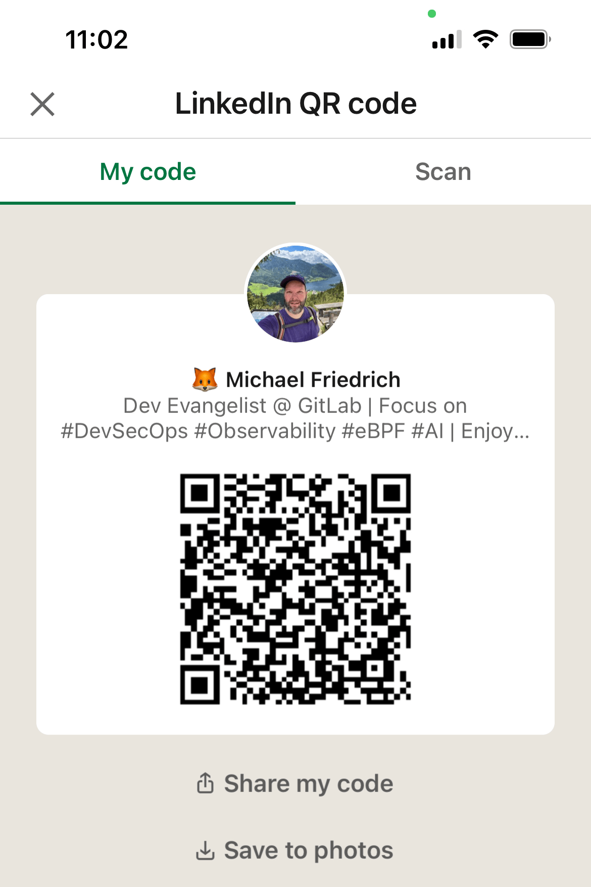 LinkedIn iOS app: QR Code view