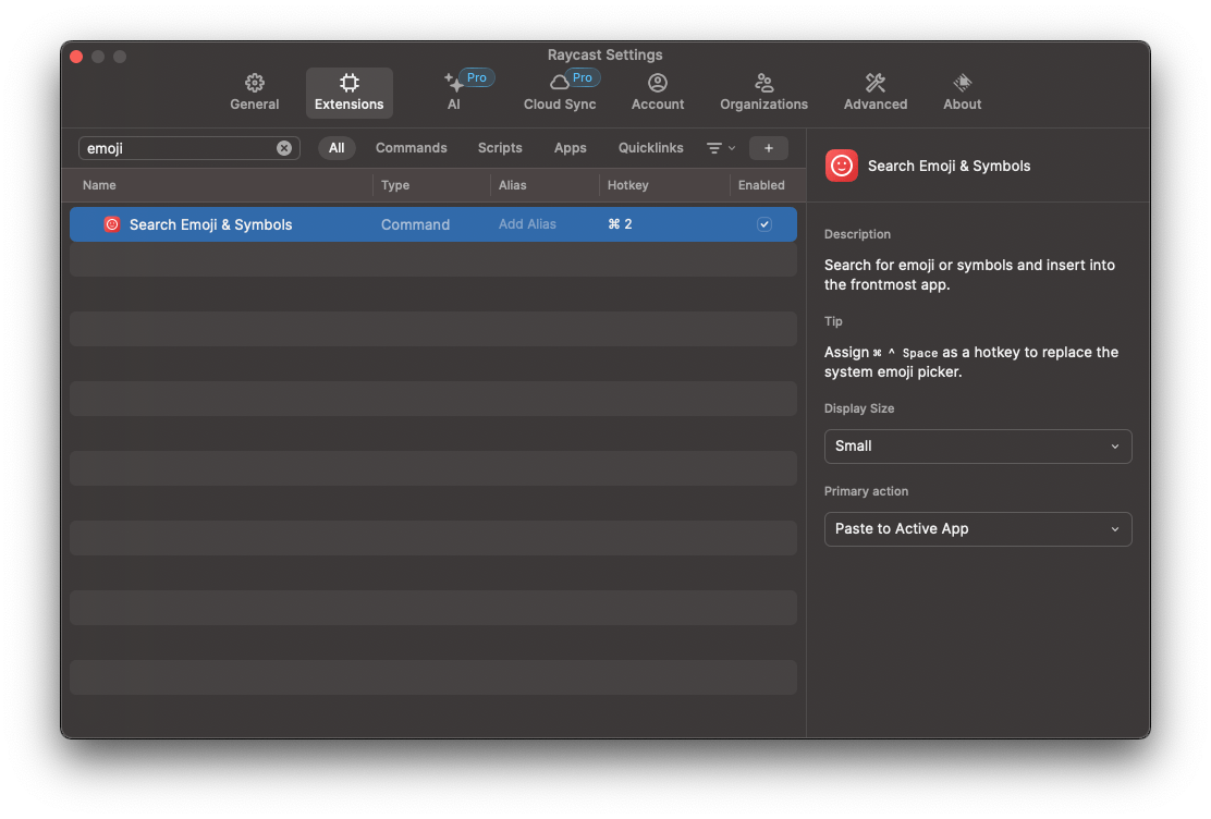 Raycast extensions: Emoki keyboard shortcut