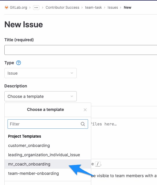 new issue dialog showing how to select the mr_coach_onboarding issue template
