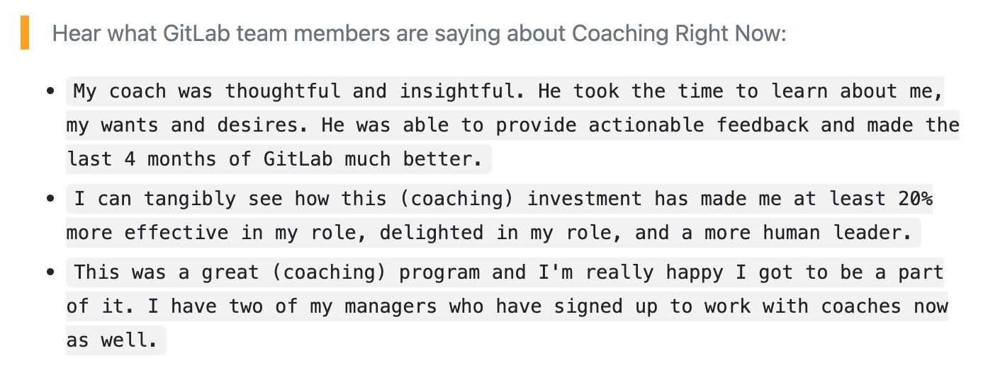 written testimonials from managers at GitLab who have recieved professional coaching