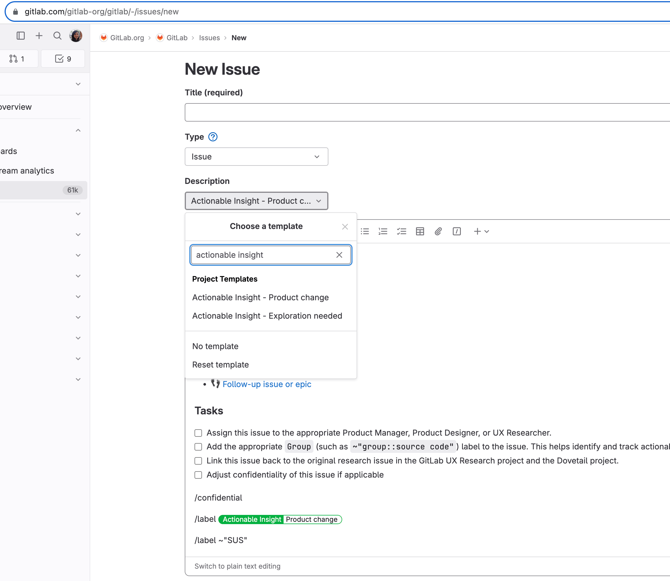 New issue screenshot with issue template