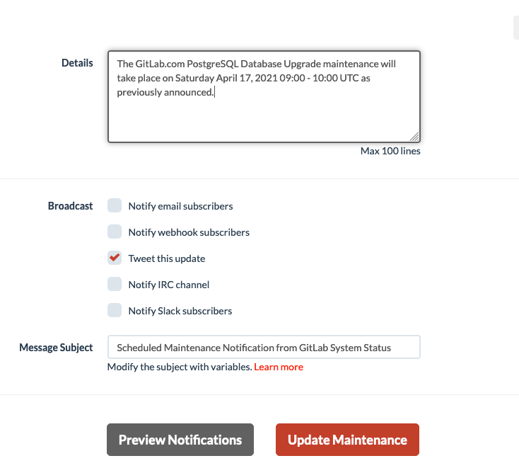 Broadcast Maintenance Update