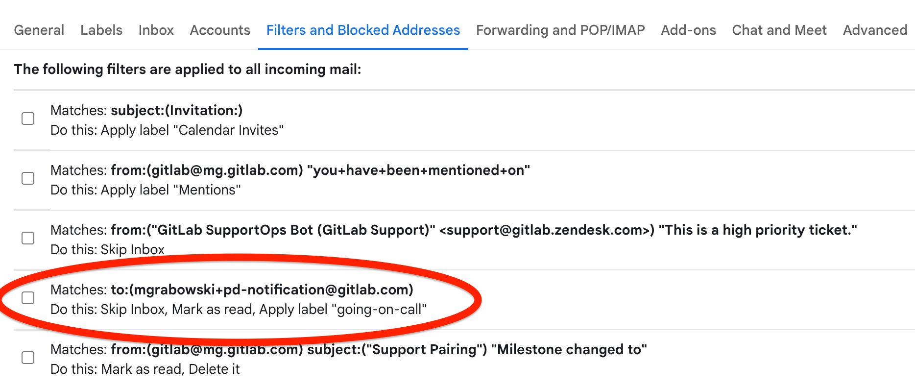 The finished Gmail filter that applies our label