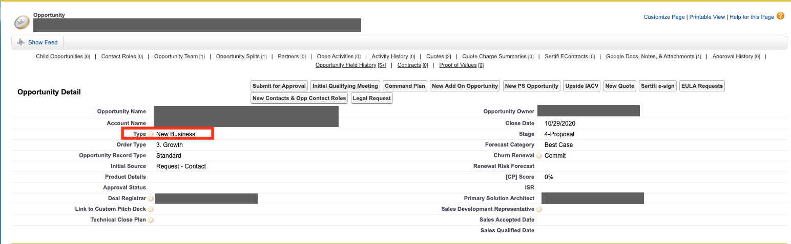 Screenshot of Salesforce, highlighting the Opportunity Details “type” field.